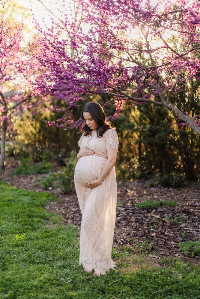 mom looking at baby bump during maternity photography session in knoxville tn