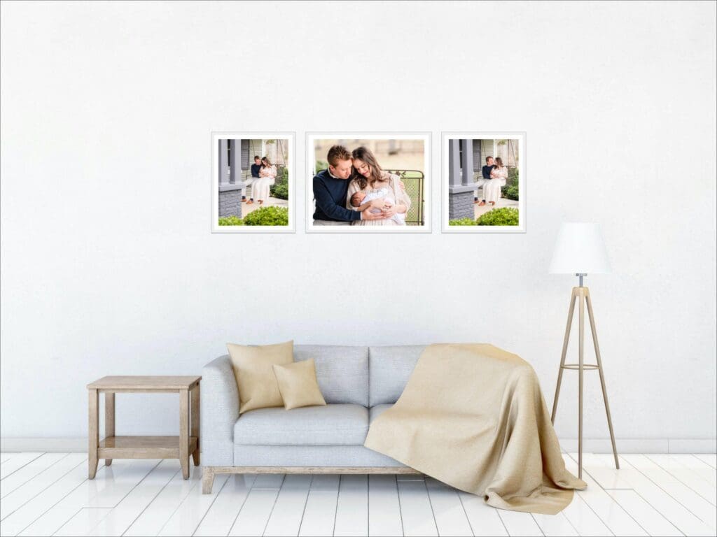 mockart of wall art using front porch photos during in-home lifestyle newborn photography session in knoxville tn