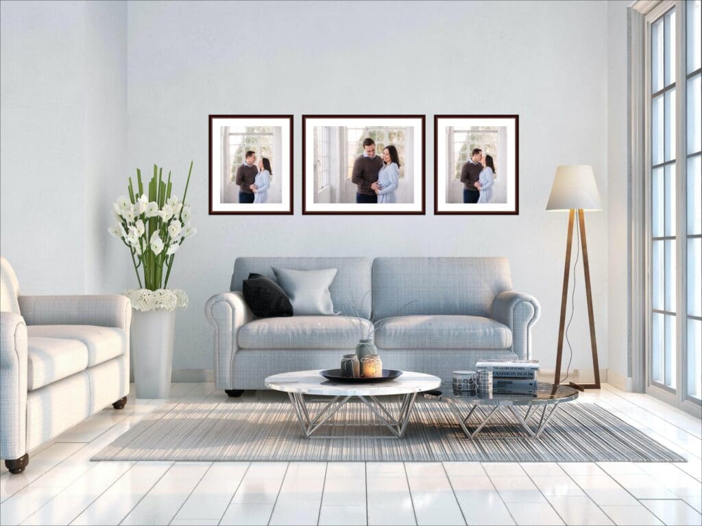 wall art mockup of winter maternity session at the bleak house